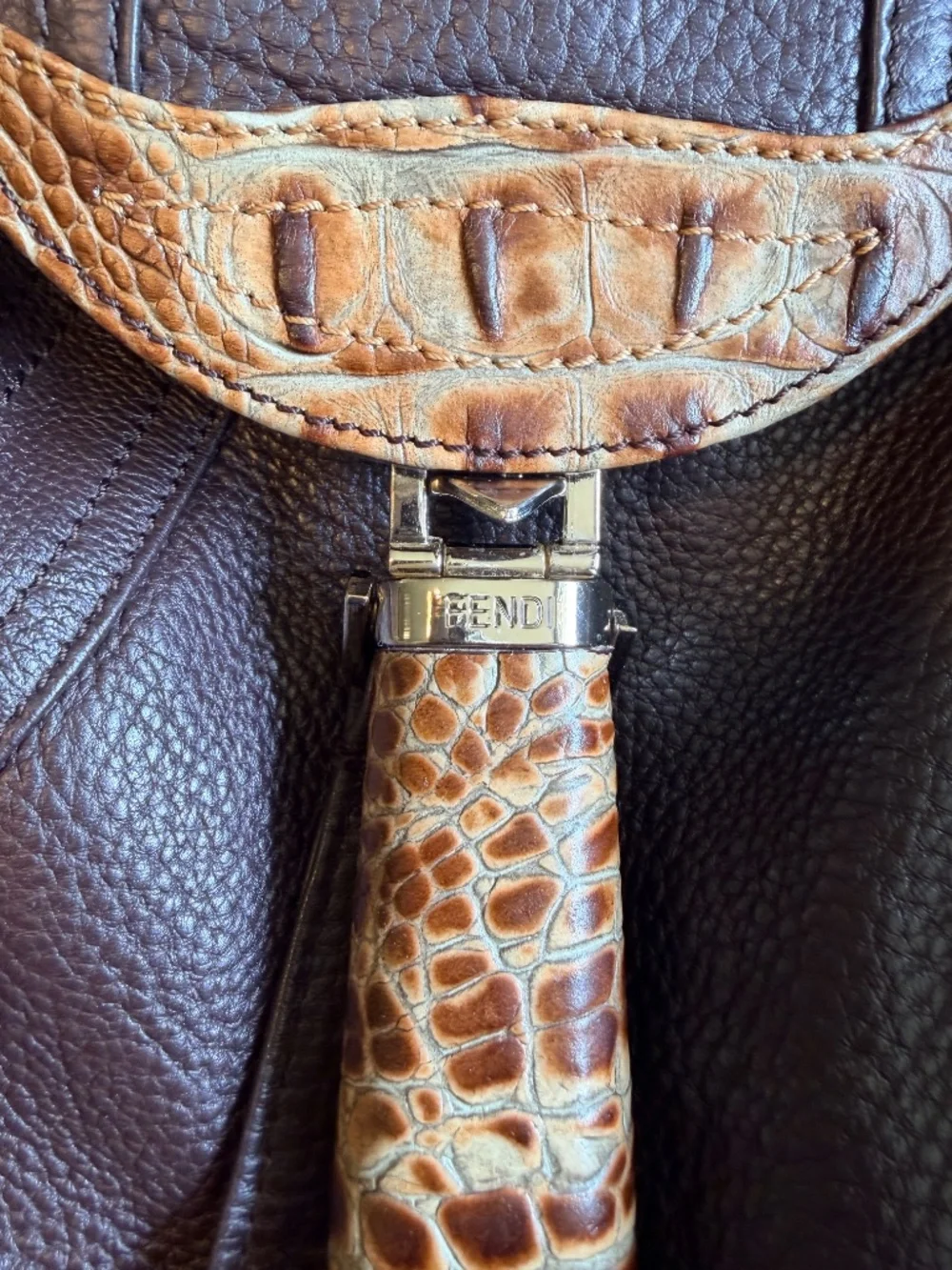 Fendi Spy Bag Brown Pebbled Leather Crocodile Embossed Trim Satchel Handbag